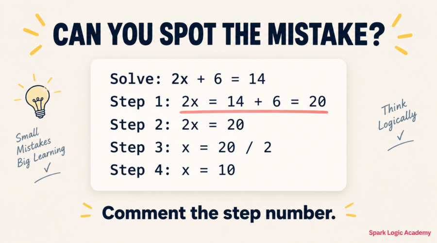 Worked algebra solution showing four steps with a deliberate sign error — can you spot the mistake?