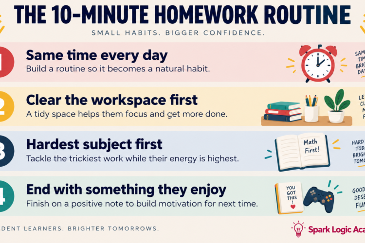 Four-step evening homework routine infographic for primary school parents — same time, clear space, hardest first, end on something good
