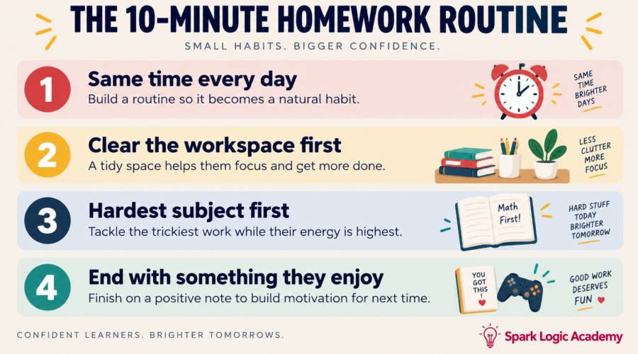 Four-step evening homework routine infographic for primary school parents — same time, clear space, hardest first, end on something good